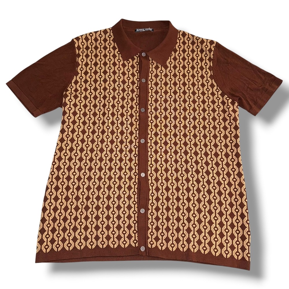 PJ Paul Jones Knit Retro Mens 2XL Brown Geometric Button Short Sleeve Polo Shirt